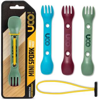 UCO Mini Spork 3-Pack, 3 kleine Kunststoff-Sporks mit Gummihalter, Terra